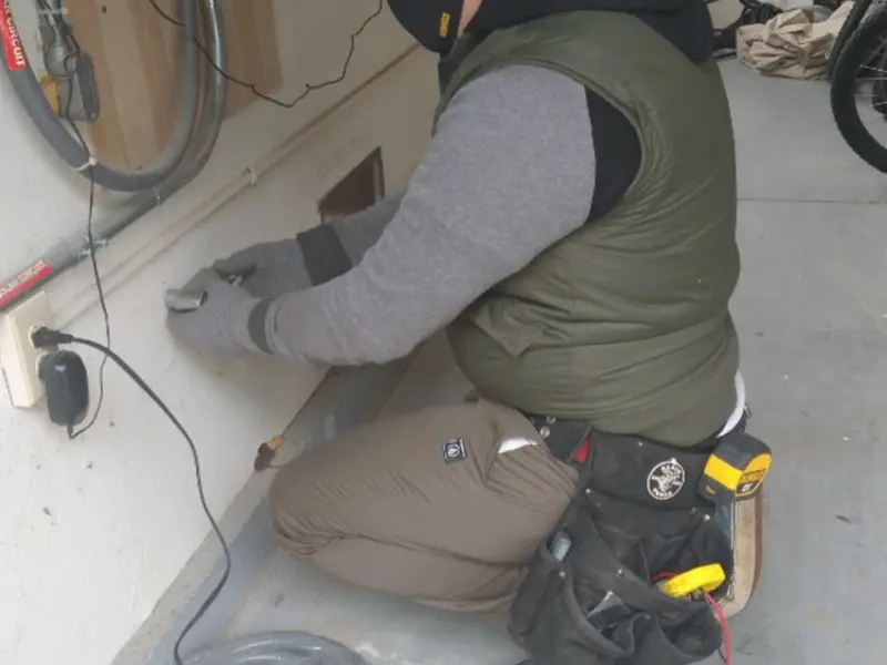 Electrician performing outlet wiring in a North Platte garage